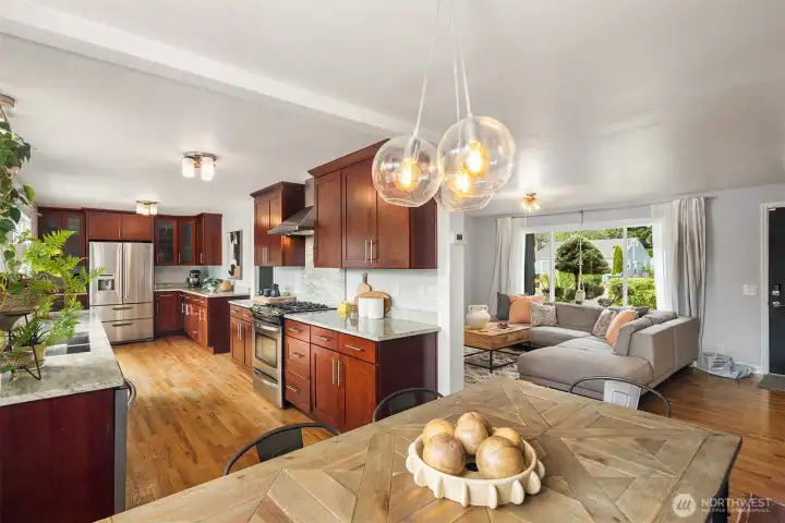 Open floor plan with great flow throughout living, dining and kitchen.