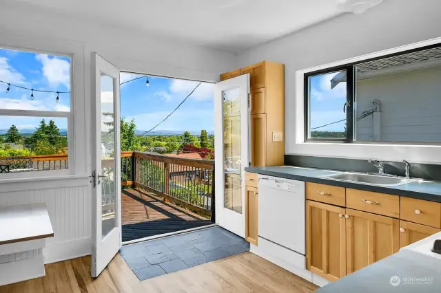 Great kitchen.  French doors in kitchen lead to expansive view deck.