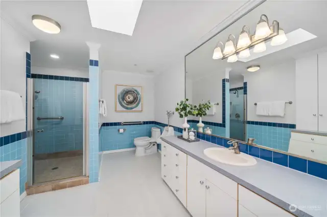 Huge vintage, tiled  primary bathroom with skylight and urinal