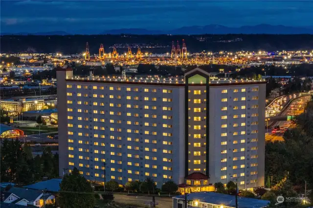 Front Elevation of Iconic Pacific Towers with big sky, city, Thea Foss, Commencement Bay and Mount Rainier views