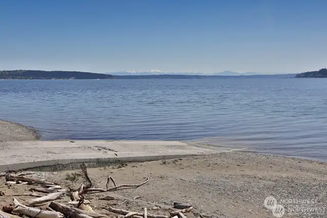 Community Boat ramp- Ownership includes access to Greenbank Beach Club - looking east towards Camano Island and Cascade Mountains