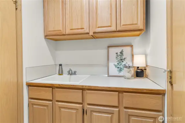 Laundry room with sink, counter space and cabinet storage!