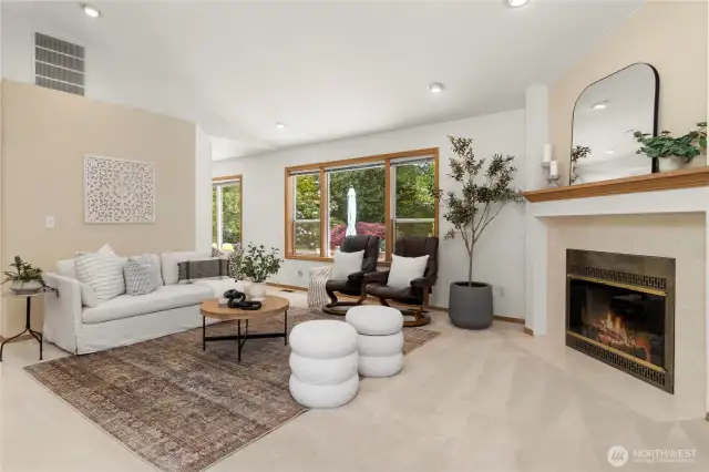 Vaulted ceilings, Bright windows & gas fireplace.
