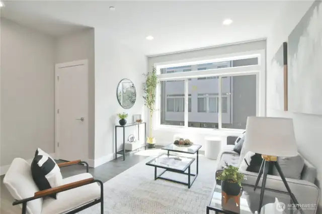 Light drenched living room with large windows