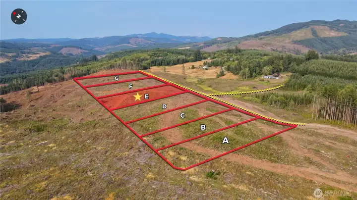 Overhead view with approximate boundaries in red and subject property highlighted.