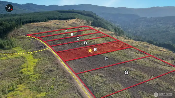 Overhead view with approximate boundaries in red and subject property highlighted.