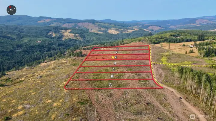 Overhead view with approximate boundaries in red and subject property highlighted.