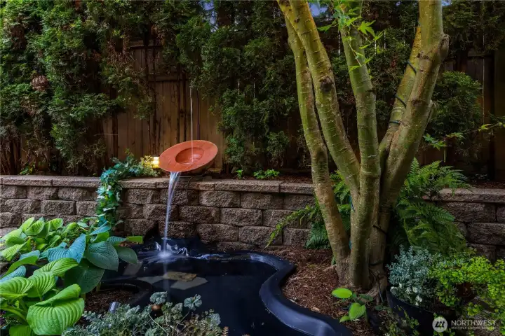 Tranquil fountain feature elevates the calm, relaxing atmosphere outside.