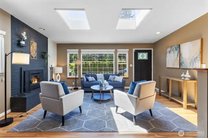 Living room facing west. skylights and natural light