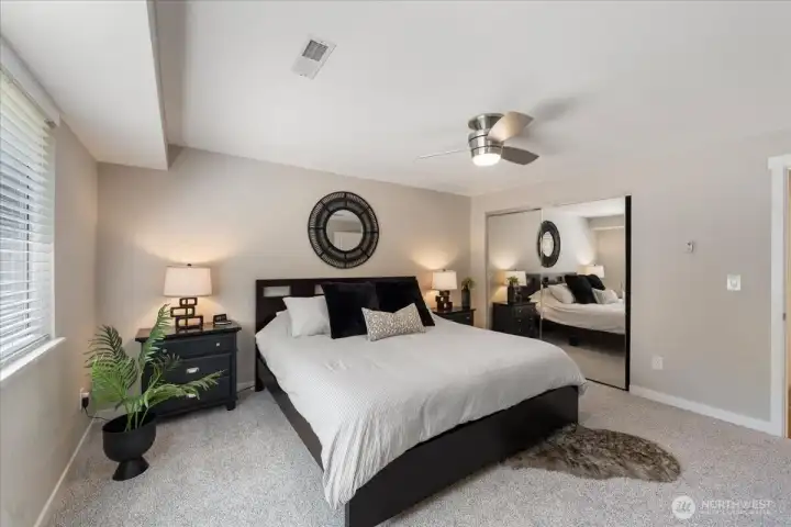 Large primary bedroom easily accommodates king-sized furniture. Large primary bedroom easily accommodates king-sized furniture.