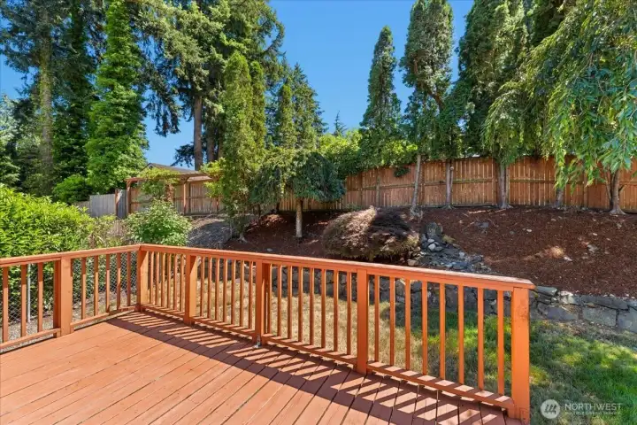 Private backyard offers a peaceful setting surrounded by mature landscaping. Private backyard offers a peaceful setting surrounded by mature landscaping.