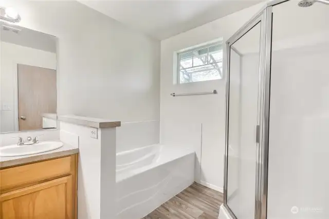 Oversized primary bathroom with walk in shower and soaking tub.