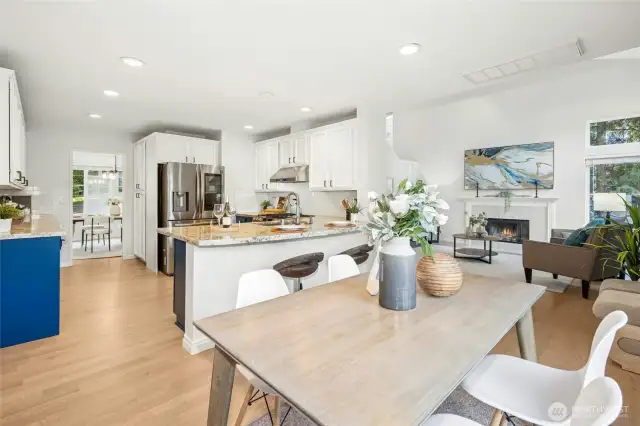 Modern kitchen with seating available.