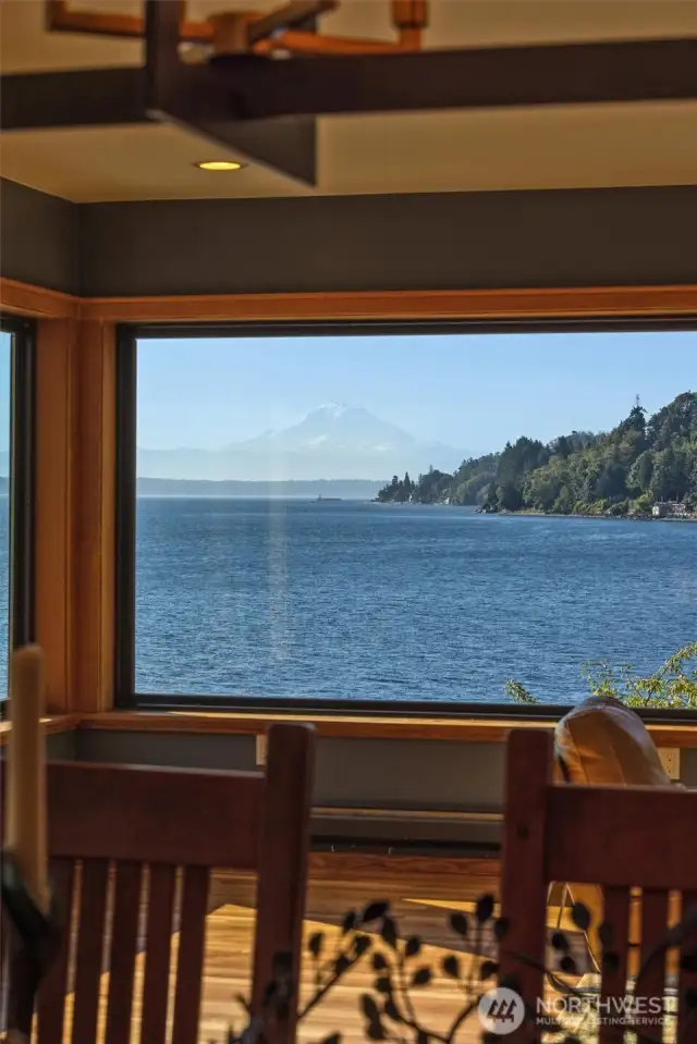Main floor dining room with panoramic views of Mount Rainier and Puget Sound.