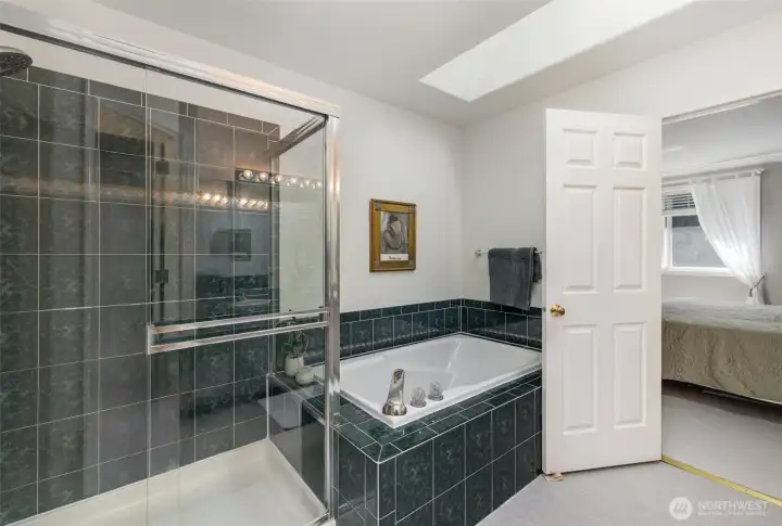 Large shower and soaking tub, along with plenty of storage and counter space.