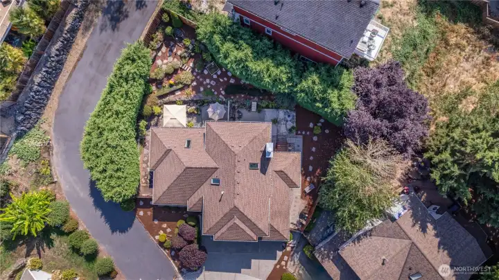 Over view shot highlighting the established landscaping.