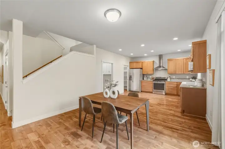 Plenty of room for a dining table between the kitchen and living area.