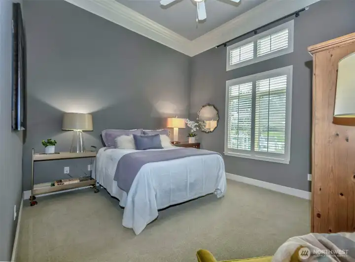 Upper level, Luxurious primary suite with soaring ceilings, custom crown moldings, A/C and Wooden plantation shutters.