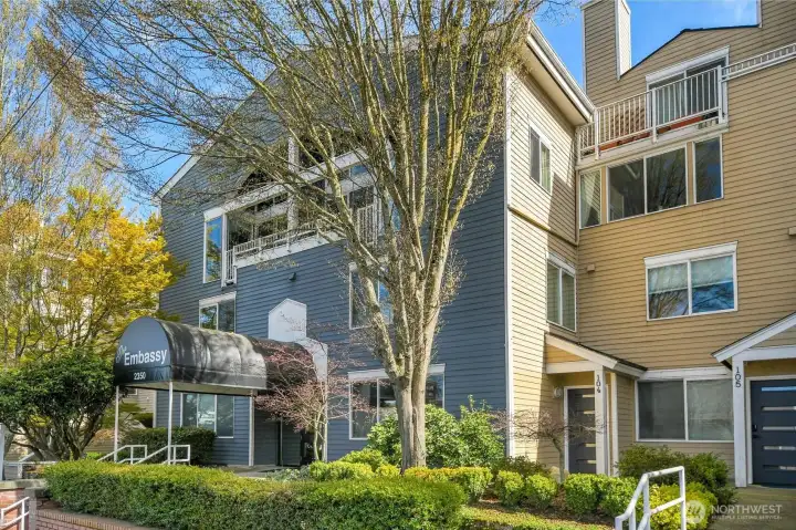 Your secure garage parking, storage, and community garden are inside this Embassy entrance.
