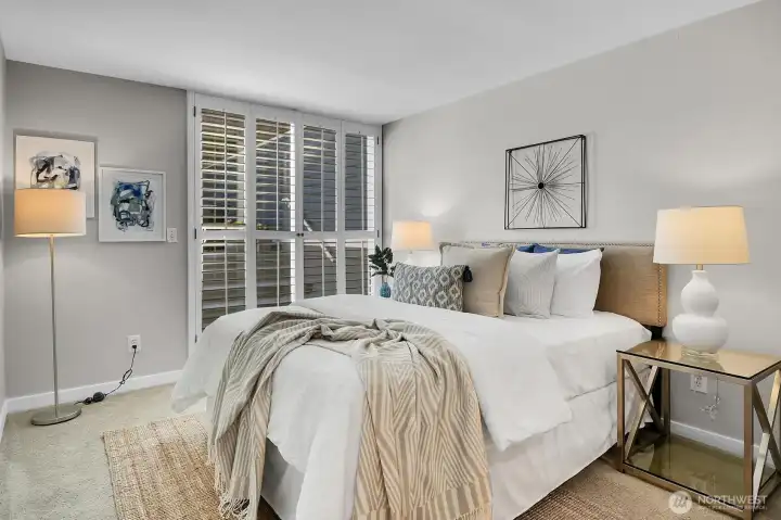 Morning light filters from the patio through those wood shutter doors.