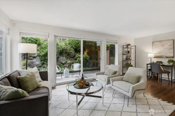 The living space opens to a private covered patio and lawn area. The living space opens to a private covered patio and lawn area.