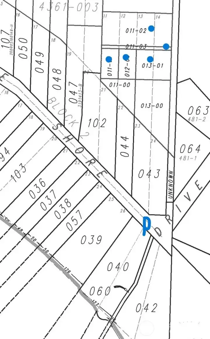 Parcels for sale (two listings) with blue dots, best to park off Shore Dr. near beach access.