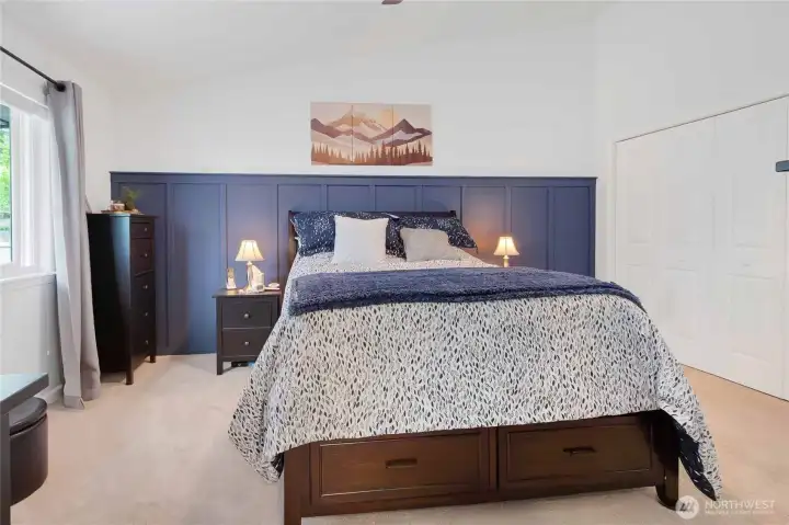 Large closet space and newer carpet in primary bedroom.