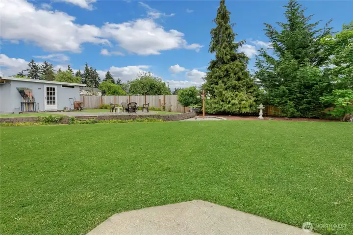 Backyard is spacious and offers play area and places to garden.