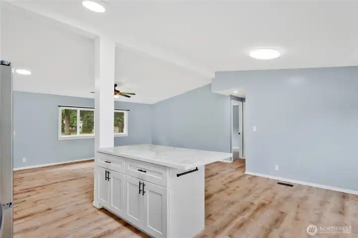 View from the kitchen looking towards the Family room to the left and dining room to the right