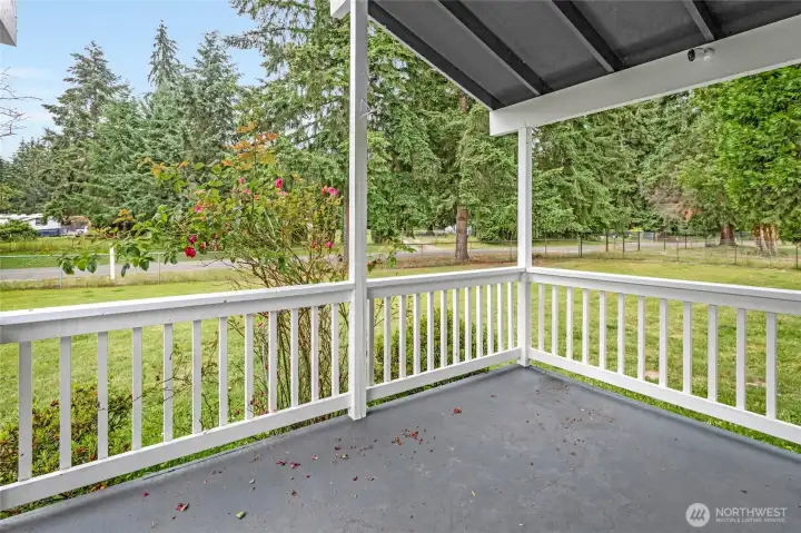 Front covered porch looking out at front yard
