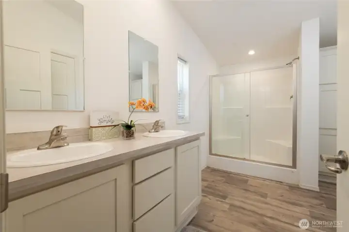 Primary bathroom with dual vanity Primary bathroom with dual vanity