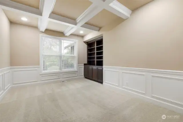 Large Office with built-in, wainscotting, & Coffered Ceiling.