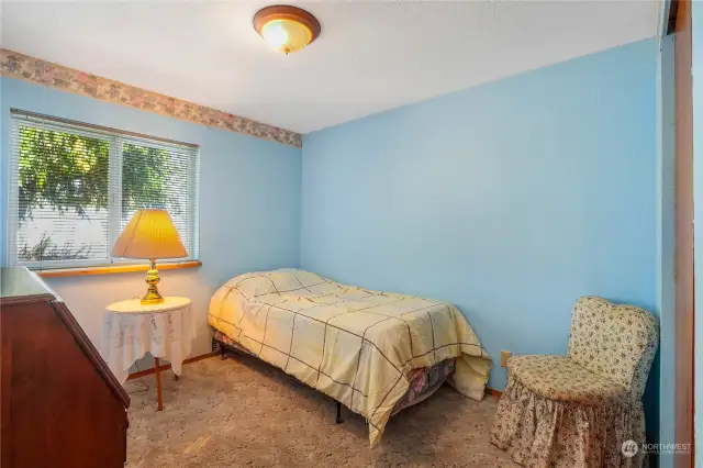 Bedroom #1 off the family room. This room faces the front of the house and has some cozy carpeting in here.