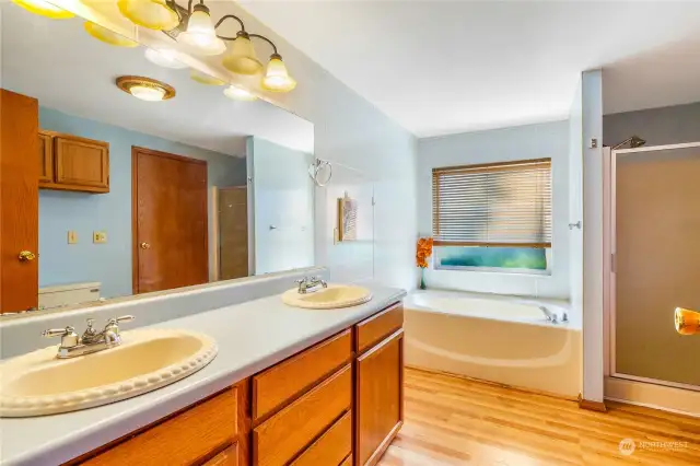 The primary bathroom has a large frosted window above the bathtub, double sinks and a shower.