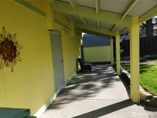 Covered patio in the shade.