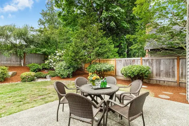 A lovely, fully fenced backyard setting is set amongst mature lush landscape, creating a private backyard oasis, offering an entertainment sized patio.