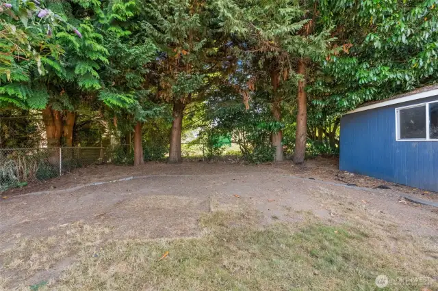 Mature trees provide lovely shade, keeping the yard cool and inviting
