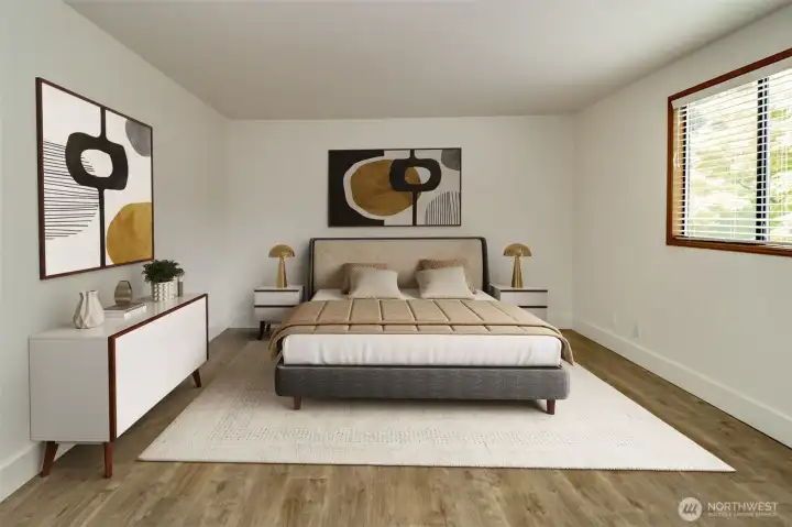 Primary bedroom upper level, virtually staged