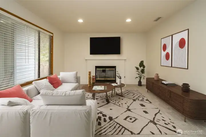 Family room lower level, virtually staged