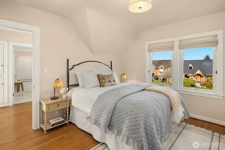 First bedroom upstairs- this one has views of the Cascade Mountains