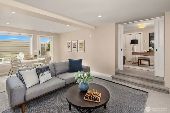 One of the two lower level bedrooms. This one was used as a bedroom but is staged as an office