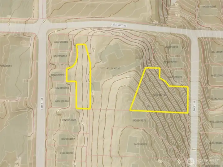 Overhead view with approximate boundaries in yellow and contours from GIS.