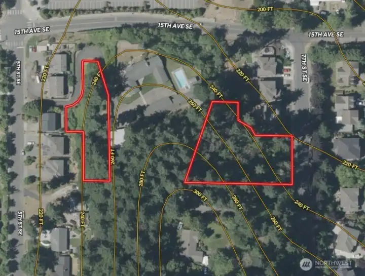 Overhead view with approximate boundaries in red and approximate contours.