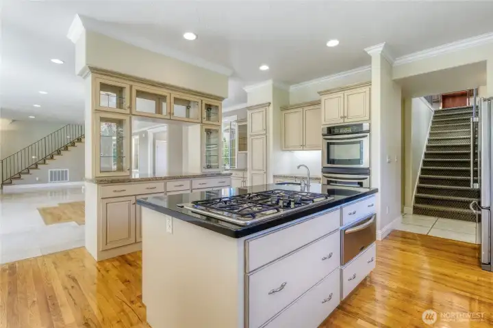 Kitchen with view upstairs & living room