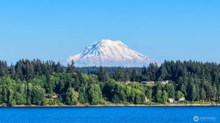 Stunning vantage point capturing Mount Rainier, waterfront beauty, and lush evergreen scenery.