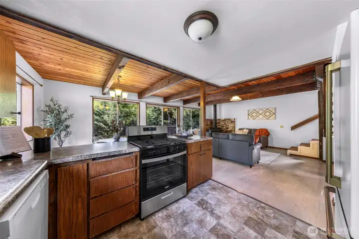 Kitchen opens up to Dining and Living Rooms