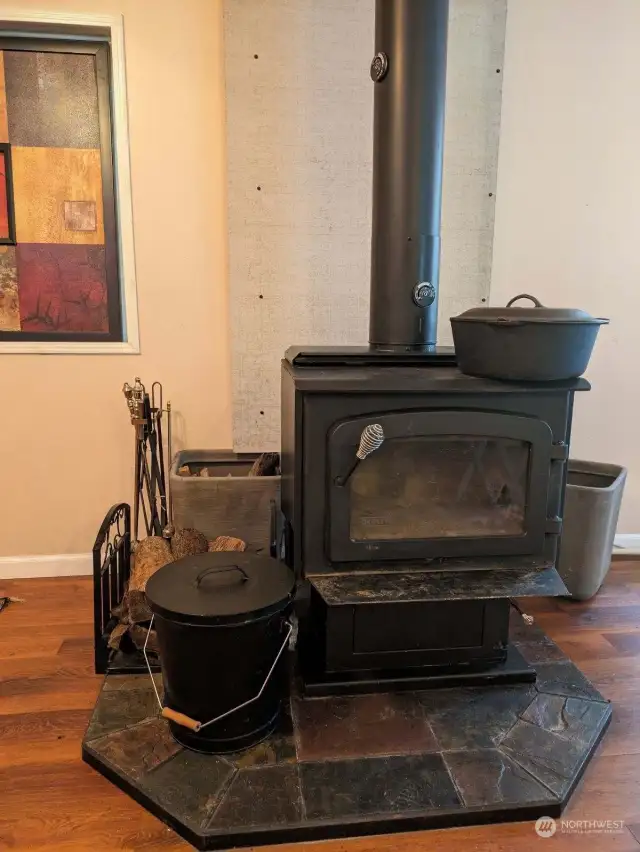 CUSTOM MONTANA SLATE HEARTH.  Supports top of the line wood stove. Double-walled in heat stress areas, allows good cooking surface for hot cocoa, stews, and steaks.    Heats the whole house, all winter. Comes with ample wood piles for a couple of winters.  (Also, electric forced air duct furnace to flooring grills for other heat source.)