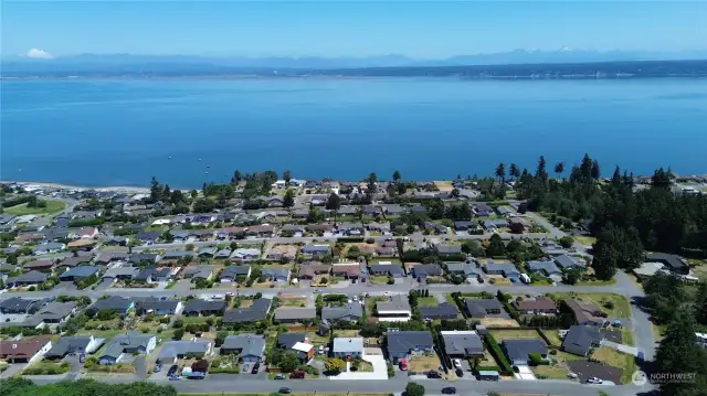 View from drone shows proximity to water