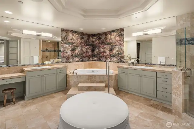 The Master Bath was updated with more contemporary tile art, lighting, and paintwork