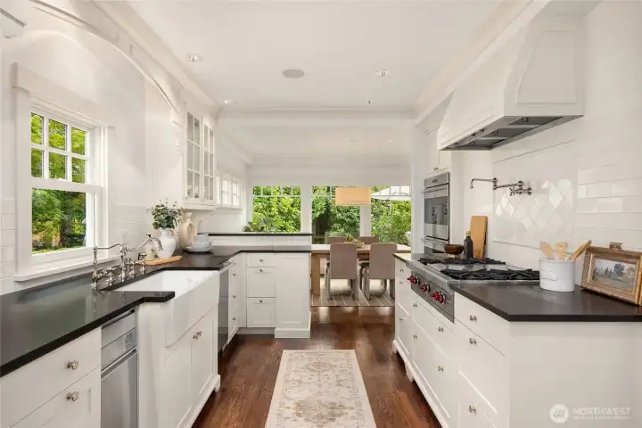 From inside the kitchen looking towards the dining room and the garden.